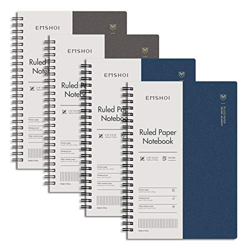 EMSHOI Spiral Notebook College Ruled 4 Pack, 640 Pages A5 lined Journal, Waterproof PVC Hard Cover, 100GSM Thick Paper, with Free Sticky Notes, 5.7" x 8.22", Coffee Blue