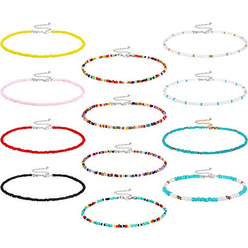 Hicarer 12 Pieces Boho Seed Bead Choker Necklace Colorful Bead Necklaces Rainbow Beach Bead Choker Necklaces for Women