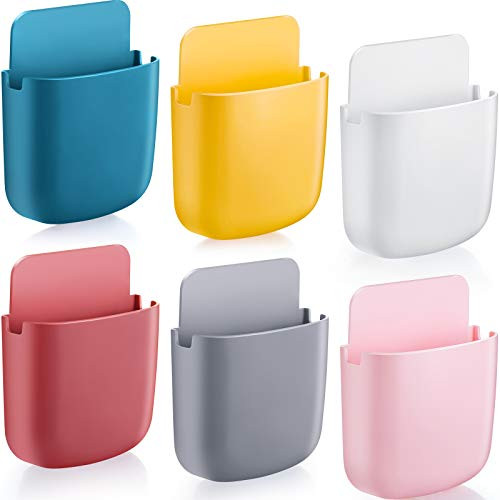 6 Pieces Adhesive Remote Control Holder Wall Mount Media Storage Box Sticky Organizer for Phone Remote Control, Office Home School Use -White, Red, Yellow, Gray, Blue, Pink-