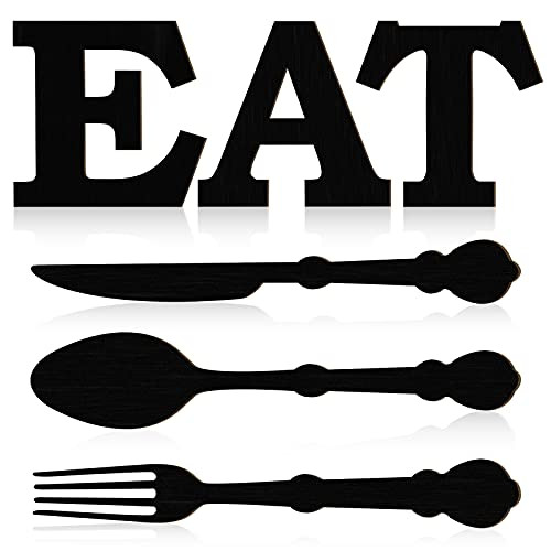 Eat Sign Set, Wooden Fork Spoon Knife Sign Wall Decor, Rustic Cutout Eat Kitchen Decor for Home Dining Living Room Bar Cafe Restaurant