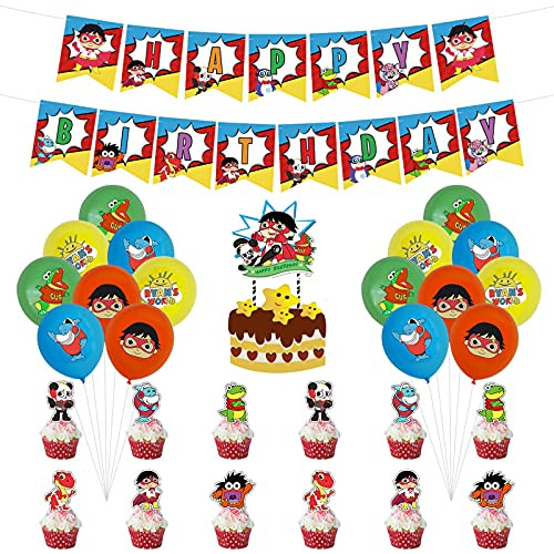 Ryans World Birthday Party Supplies, Ryan's World Theme Party Decorations Set Including Happy Birthday Banner, Cake Cupcake Topper, Latex Balloons for Ryans World Fans Birthday Party Decorations