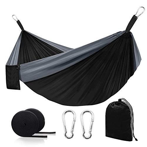 Lamberia Camping Hammock,Heavy Duty Double  and  Single Travel Hammocks,Outdoor Portable Backpacking Hammock with 2 Tree Straps,Lightweight Nylon Parachute Hammocks for Hiking,Backyard,Patio -Grey/Black-