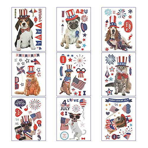 Patriotic 9 Sheets 4th of July Dogs Window Clings Reusable Independence Day Static Window Cling Decal Removable Patriotic Gnome Stickers for Window Decoration Party Supplies