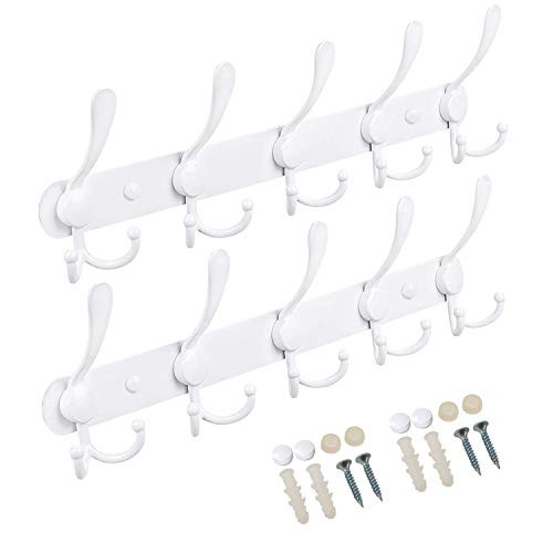 Efaithtek Coat Hanger Wall Mount ,Chrome Finish Coat Robe Hat Clothes Wall Mount Hook Hanger Towel Rack -2 Pack 15 Hooks -White--