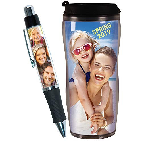 PixMug  plus PixPen - DIY Gift Set - Create Your Own Custom Photo Travel Mug and Pen  Insert Your Own Photos or Create and Print Inserts Online
