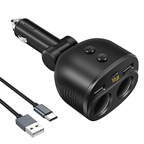 Rocketek 120W 2-Socket Car Cigarette Lighter Splitter USB C Car Charger Adapter, Dual USB Car Charger with LED Voltmeter and Separate Switches, for Phone, Tablet, GPS, Dash Cam -with a 1M USB-C Cable- Rocketek 120W 2-Socket Car Cigarette Lighter Splitter USB C Car Charger Adapter, Dual USB Car Charger with LED Voltmeter and Separate Switches, for Phone, Tablet, GPS, Dash Cam -with a 1M USB-C Cable-
