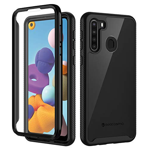 Seacosmo Samsung A21 Case, Full Body Shockproof Cover -with Built-in Screen Protector- Slim Fit Bumper Protective Phone Case for Samsung Galaxy A21 - Black/Clear