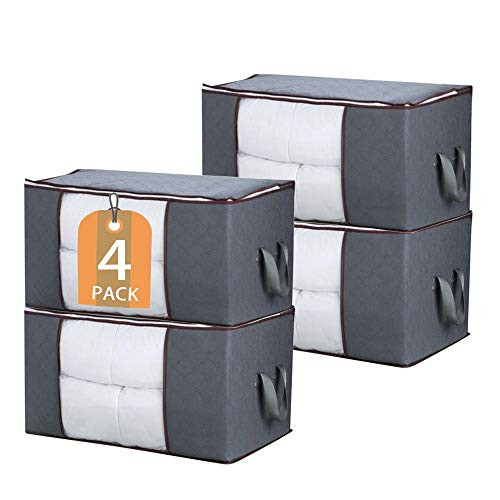 JNYONG 4-Pack 90L Large Capacity Clothes Storage Bag Organizer with Clear Window, Storage Bins Foldable Closet Organizers Storage Containers with Durable Handles Thick Fabric for Blanket, Comforter, Clothing, Bedding