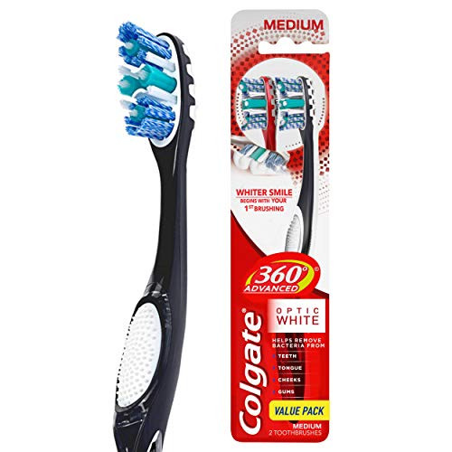 Colgate 360 Advanced Optic White Toothbrush -Color May Vary-, Medium, 2 Count