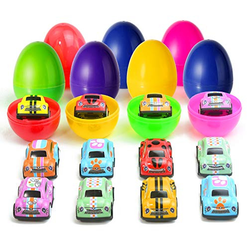 12PCs Easter Eggs Prefilled with Mini Pull Back Cars, Easter Surprise Eggs Car Toys for Easter Hunt Party Favor, Basket Stuffers Fillers, Goodie Bags Fillers, Classroom Prizes, Pinata Fillers