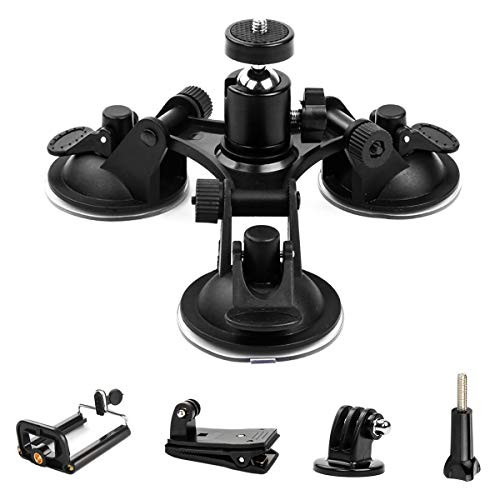 Triple Cup - Camera Suction Mount - Car Mount Triple Suction Cup Mount with 1/4 Threaded Head 360 Degree Tripod Ball Head -Black A-