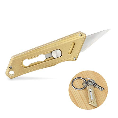 FEGVE Brass Mini Utility Knife - Keychain Pocket Knife, Compact Retractable Knife with Replaceable Blade and Key-Ring Hole, EDC Portable Knife