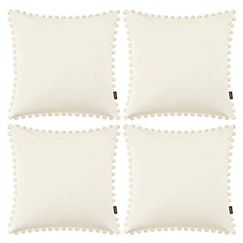 Pack of 4 Decorative Throw Pillow Covers with Pom Poms Soft Pillow Case Velvet Solid Cushion Covers Square Cushion Cases with Balls for Sofa Home Bedroom Car -Beige, 18x18in/45x45cm-