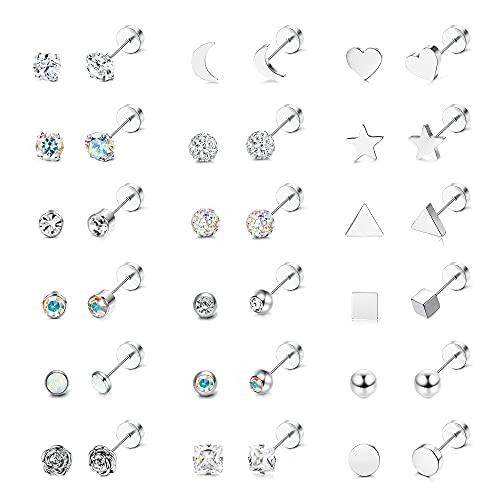 Udalyn 18 Pairs Tiny Cartilage Stud Earrings Set for Women Men Star Moon Heart Triangle Ball CZ Small Screwback Flat Back Stud Earrings Stainless Steel Stud Earrings Set