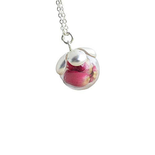 Red Rose Real Flower Glass Ball Pendant 925 Sterling Silver Chain Necklace Red Rose Real Flower Glass Ball Pendant 925 Sterling Silver Chain Necklace