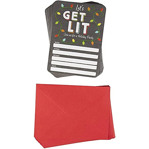 Let's Get Lit Christmas Invitation Cards with Envelopes for Holiday Party -5 x 7 In, 50 Pack-