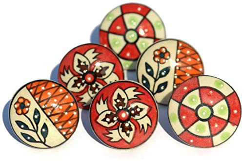 OwlKraft Set of 6 Handmade Red Theme Flat Ceramic Knobs - Cabinet knobs - Drawer knobs - Cabinet pulls - Door knobs