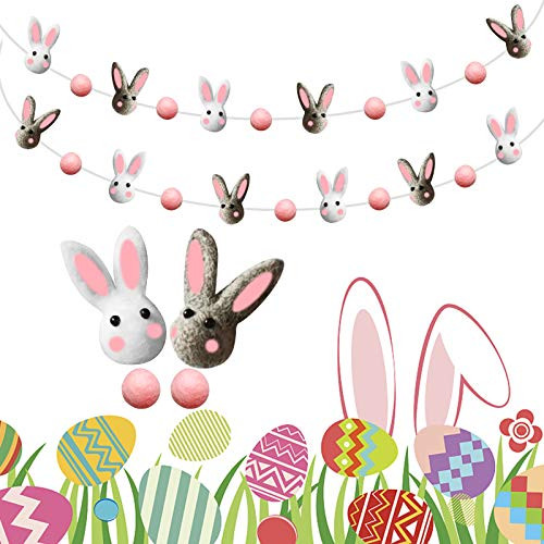 Easter Tree Decorations, Easter Garland Ornaments, Wool Felt Rabbit Pom Pom Garland, Handmade Bunny Ball Garland for Baby Shower/Some Bunny is One/Nursery Decorations/Wall Hanging Decor