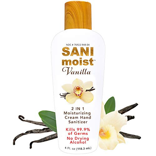 SaniMoist Alcohol Free Hand Sanitizer Lotion 4 Oz Vanilla Moisturizing Antibacterial Dry Hands 2 IN 1 Cream Kills 99.9 percent of Germs and Bacteria Antiseptic BZK Protection For Men Women and Children SaniMoist Alcohol Free Hand Sanitizer Lotion 4 Oz Vanilla Moisturizing Antibacterial Dry Hands 2 IN 1 Cream Kills 99.9 percent of Germs and Bacteria Antiseptic BZK Protection For Men Women and Children