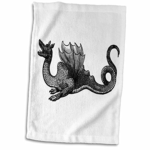 3D Rose Dragon Vintage Art-Black and White Pen and Ink Drawing-Fantasy-Mythical Creatures-Legend Towel, 15" x 22", Multicolor