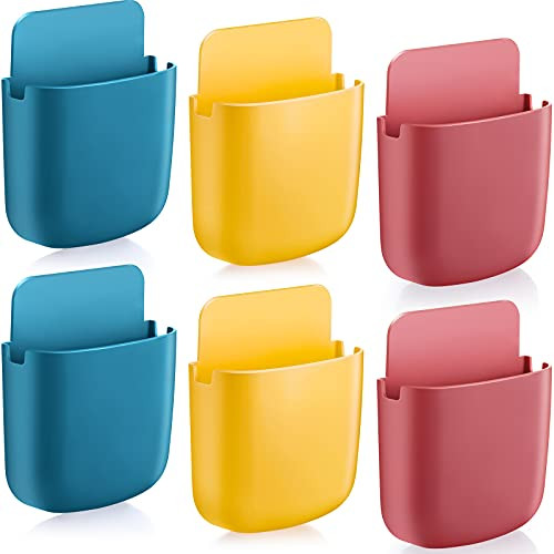 6 Pieces Adhesive Remote Control Holder Wall Mount Media Storage Box Sticky Organizer for Phone Remote Control, Office Home School Use -Red, Yellow, Blue-