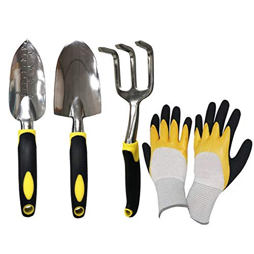 Prudance 4 Pieces Garden Tool Sets - Hand Trowel Shovel, Cultivator Hand Rake, Transplant Trowel, Gardening Gloves with Non-Slip Handle for Weeding, Loosening Soil, Digging, Transplanting