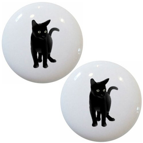 Set of 2 Black Cat Ceramic Cabinet Drawer Pull Knobs
