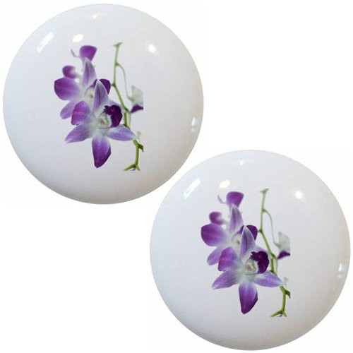 Set of 2 Orchids Purple Ceramic Cabinet Drawer Pull Knobs