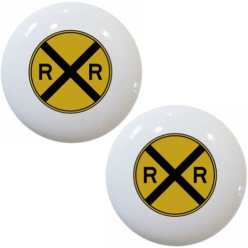 Set of 2 Yellow Railroad Sign Ceramic Cabinet Drawer Pull Knobs