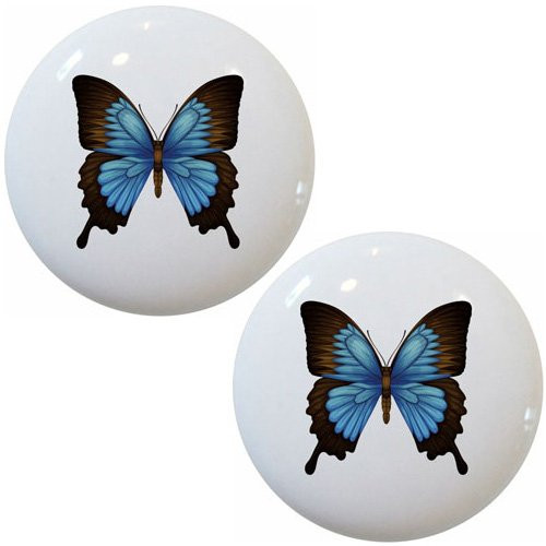 Set of 2 Blue Mountain Swallowtail Butterfly Ceramic Cabinet Drawer Pulls Knobs