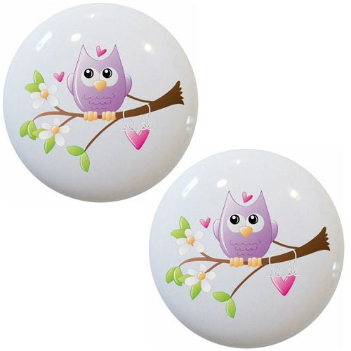 Set of 2 Whimsical Owl on Limb Ceramic Cabinet Drawer Knobs