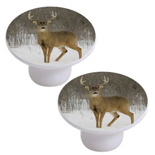 Set of 2 Deer in Snow Ceramic Cabinet Drawer Knobs