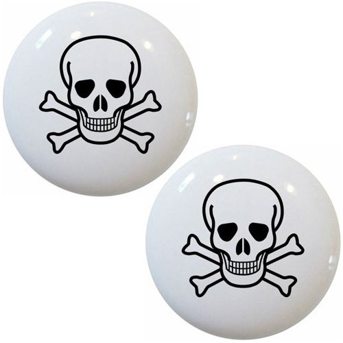Set of 2 White Skull Crossbones Ceramic Cabinet Drawer Knob