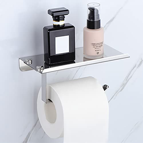 Toilet Paper Holder with Shelf Self Adhesive Wall Mount Toilet Paper Roll Holder for Bathroom Kitchen Washroom -Silver- Toilet Paper Holder with Shelf Self Adhesive Wall Mount Toilet Paper Roll Holder for Bathroom Kitchen Washroom -Silver-