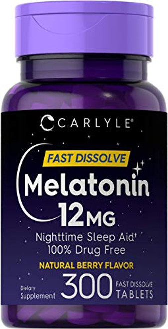 Carlyle Melatonin 12 mg Fast Dissolve 300 Tablets - Nighttime Sleep Aid - Natural Berry Flavor - Vegetarian, Non-GMO, Gluten Free