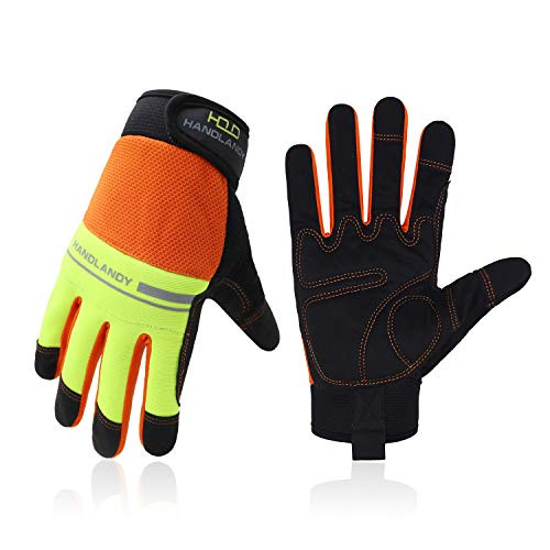 Utility Work Gloves, Men  and  Women Mechanic Working Gloves Touch Screen, Flexible Breathable Gardening Construction Yard Work Gloves -Extra Large, Yellow Orange-