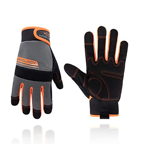 HANDLANDY Work Gloves Mens  and  Women, Utility Safety Mechanic Working Gloves Touch Screen, Flexible Breathable Yard Work Gloves -Small, Orange-