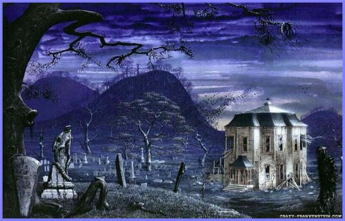 Haunted House, Cemetery and Ghostly Trees - Etched Vinyl Stained Glass Film, Static Cling Window Decal Haunted House, Cemetery and Ghostly Trees - Etched Vinyl Stained Glass Film, Static Cling Window Decal