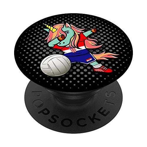 Dabbing Unicorn Croatia Volleyball Fans Jersey Croatian Flag PopSockets PopGrip- Swappable Grip for Phones  and  Tablets