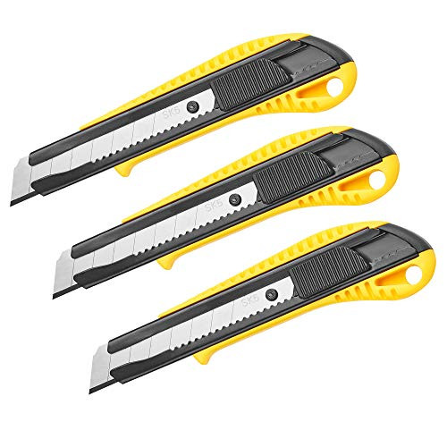 DOWELL Box Cutter Utility Knife Retractable Snap Off Blades Hobby Knife 3 Pack for Cutting Cardboard Boxes Leather -Yellow-