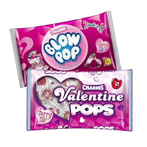 Valentine's Day Candy Lollipop Blow Pops and Classic Heart Shaped Suckers Classroom Exchange Variety Bundle, Pack of 2