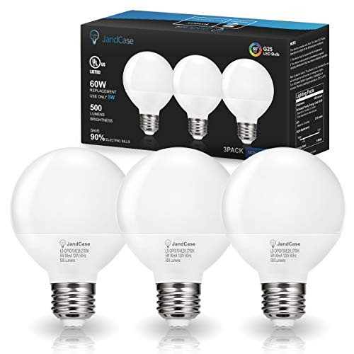 LED Vanity Light Bulb, JandCase 5W G25 LED Bulb, 60W Equivalent, 2700K Warm White, 500LM, Makeup Mirror Round Light Bulb for Bathroom, Not Dimmable, UL Listed, E26 Base, 3 Pack