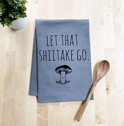 Funny Dishcloth/Tea Towel ~ Let That Shiitake Go ~ Mushroom doing Yoga ~ Funny Kitchen Cloth, Vegetable Pun ~ Gray