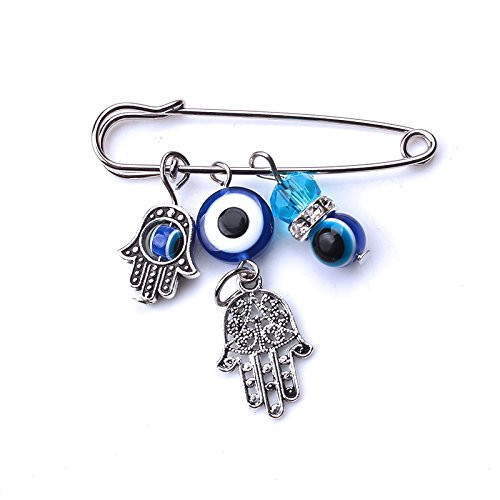 MyEvilEye Blue and Silver Color Evil Eye Hamsa Stroller Pin for Baby Good Luck