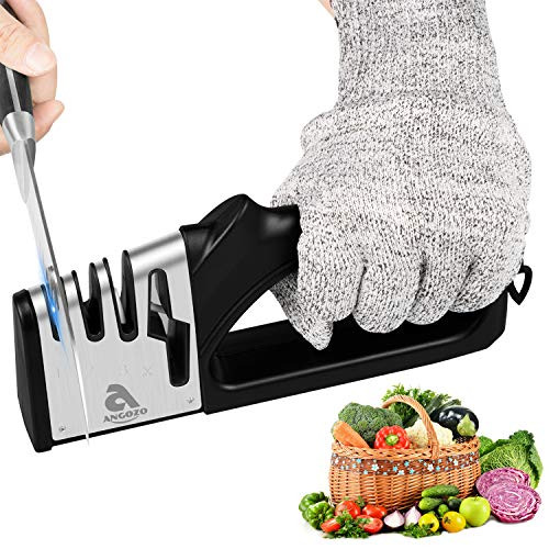 Knife Sharpener 4-Slot for Straight and Serrated Knives, Knife Sharpening Tool for Kitchen Knives,Easy Manual Sharpener with Cut-Resistant Glove ,Sharpens Dull Knives Quickly, Safe and Easy to Use