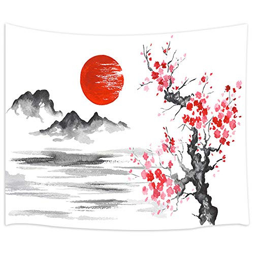 Japanese Art Wall Tapestry, Asian Anime Mount Fuji with Cherry Blossoms Sakura Flower Ink Painting Tapestry Wall Hanging, Tapestry for Living Room Bedroom Dorm Room Kitchen Tablecloth 60x40inches