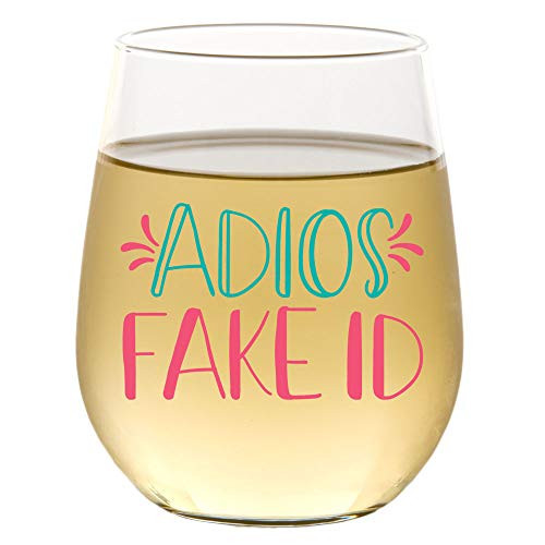 Adios Fake ID - Funny Cute Wine Glass, Stemless 15oz, Gift Box, 21st Birthday Gifts for Women, Finally Legal, R.I.P Fake ID, Happy 21st Birthday Gift for Women, Funny Gift Ideas for Sister, Friend