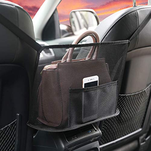 Car Net Pocket Handbag Holder, Purse Holder for Car Between Seats for Bag Purse Phone, Back Seat Net Storage Driver Storage Netting Pouch, Car Seat Mesh Pet Barrier -black-