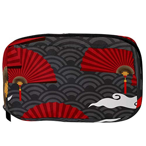 Inhomer Toiletry Bags for Women Red Chinese Fans On Wave Cloud Travel Cosmetic Makeup Pouch Handy Pencil Cases