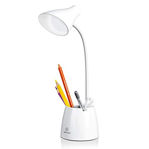 LED Desk Lamp, Touch Control Table Lamp with 3 Lighting Modes and Stepless Dimmable, Eye-Caring Office Lamp with USB Charging Port and Pant Holder, 360 Flexible Gooseneck Desk Light for Bedroom -White- LED Desk Lamp, Touch Control Table Lamp with 3 Lighting Modes and Stepless Dimmable, Eye-Caring Office Lamp with USB Charging Port and Pant Holder, 360 Flexible Gooseneck Desk Light for Bedroom -White-